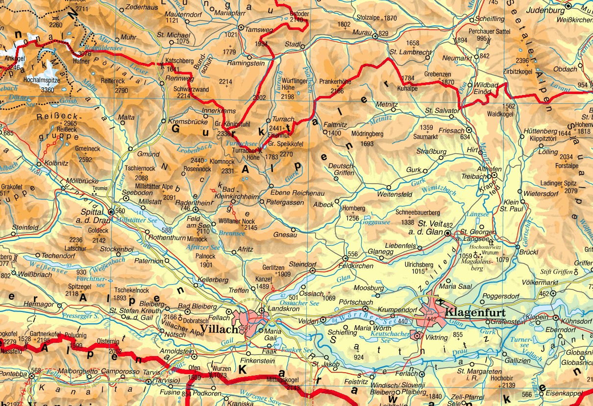 Flüsse Kärnten Karte | Topographische Karte
